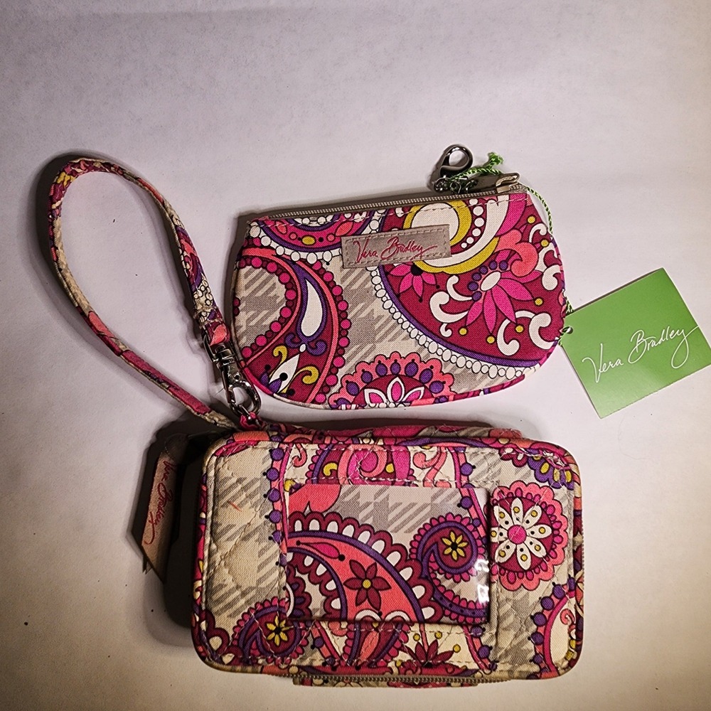 Vera Bradley Paisley Meets Plaid Wristlet & Clip Zip ID Case Set NWT Pink
